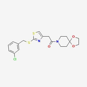 molecular formula C19H21ClN2O3S2 B3415109 2-(2-((3-Chlorobenzyl)thio)thiazol-4-yl)-1-(1,4-dioxa-8-azaspiro[4.5]decan-8-yl)ethanone CAS No. 953931-83-4