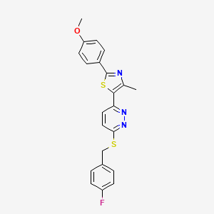 molecular formula C22H18FN3OS2 B3415146 5-(6-((4-Fluorobenzyl)thio)pyridazin-3-yl)-2-(4-methoxyphenyl)-4-methylthiazole CAS No. 954639-65-7