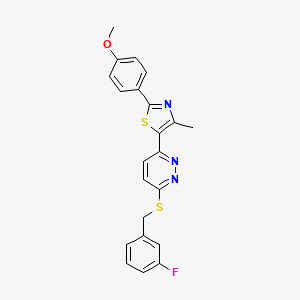 molecular formula C22H18FN3OS2 B3415150 5-(6-((3-Fluorobenzyl)thio)pyridazin-3-yl)-2-(4-methoxyphenyl)-4-methylthiazole CAS No. 954696-52-7
