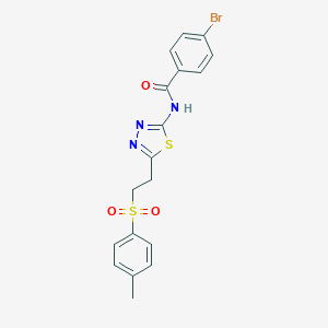 molecular formula C18H16BrN3O3S2 B341998 4-Bromo-N-{5-[2-(toluene-4-sulfonyl)-ethyl]-[1,3,4]thiadiazol-2-yl}-benzamide 