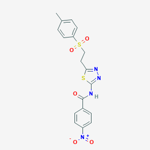 molecular formula C18H16N4O5S2 B342003 4-Nitro-N-{5-[2-(toluene-4-sulfonyl)-ethyl]-[1,3,4]thiadiazol-2-yl}-benzamide 