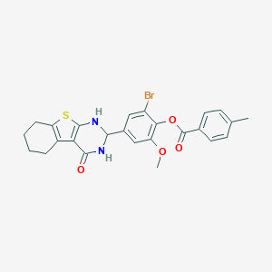 molecular formula C25H23BrN2O4S B342628 2-Bromo-6-methoxy-4-(4-oxo-1,2,3,4,5,6,7,8-octahydro[1]benzothieno[2,3-d]pyrimidin-2-yl)phenyl 4-methylbenzoate 