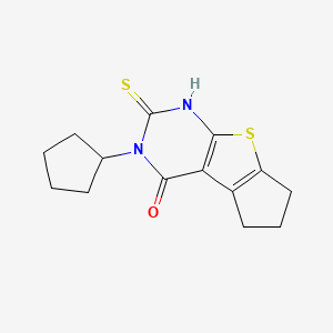 molecular formula C14H16N2OS2 B3429228 11-Cyclopentyl-10-sulfanyl-7-thia-9,11-diazatricyclo[6.4.0.0,2,6]dodeca-1(8),2(6),9-trien-12-one CAS No. 731827-01-3