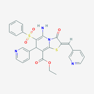 molecular formula C27H22N4O5S2 B343267 5-Amino-6-benzenesulfonyl-3-oxo-7-pyridin-3-yl-2-[1-pyridin-3-yl-meth-(Z)-ylidene]-2,3-dihydro-7H-thiazolo[3,2-a]pyridine-8-carboxylic acid ethyl ester 