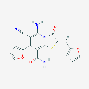 molecular formula C18H12N4O4S B343292 5-amino-6-cyano-7-(2-furyl)-2-(2-furylmethylene)-3-oxo-2,3-dihydro-7H-[1,3]thiazolo[3,2-a]pyridine-8-carboxamide 