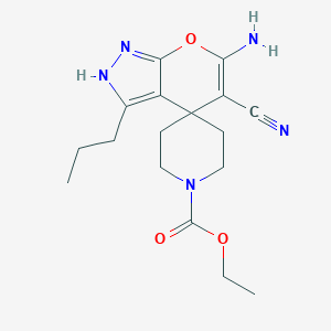 molecular formula C17H23N5O3 B343303 6-Amino-5-cyano-3-propyl-2,4-dihydro-1'-ethylcarboxylspiro[pyrano[2,3-c]pyrazole-4,4'-piperidine] 