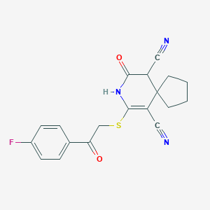 molecular formula C19H16FN3O2S B343304 7-{[2-(4-Fluorophenyl)-2-oxoethyl]sulfanyl}-9-oxo-8-azaspiro[4.5]dec-6-ene-6,10-dicarbonitrile 