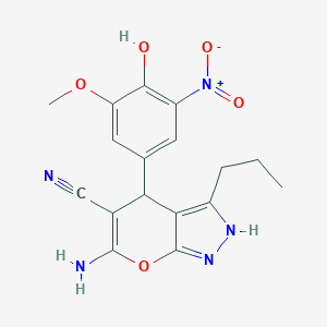 molecular formula C17H17N5O5 B343332 6-Amino-4-{4-hydroxy-3-nitro-5-methoxyphenyl}-3-propyl-1,4-dihydropyrano[2,3-c]pyrazole-5-carbonitrile 