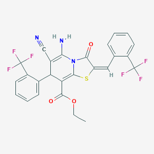 molecular formula C26H17F6N3O3S B343344 ethyl 5-amino-6-cyano-3-oxo-2-[2-(trifluoromethyl)benzylidene]-7-[2-(trifluoromethyl)phenyl]-2,3-dihydro-7H-[1,3]thiazolo[3,2-a]pyridine-8-carboxylate 