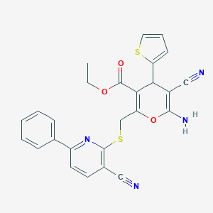 molecular formula C26H20N4O3S2 B343368 ethyl 6-amino-5-cyano-2-{[(3-cyano-6-phenyl-2-pyridinyl)sulfanyl]methyl}-4-(2-thienyl)-4H-pyran-3-carboxylate 