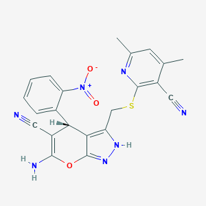 molecular formula C22H17N7O3S B343397 6-Amino-3-{[(3-cyano-4,6-dimethyl-2-pyridinyl)sulfanyl]methyl}-4-{2-nitrophenyl}-1,4-dihydropyrano[2,3-c]pyrazole-5-carbonitrile 