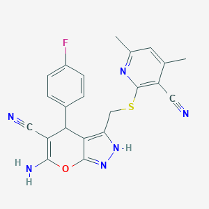 molecular formula C22H17FN6OS B343398 6-Amino-3-{[(3-cyano-4,6-dimethyl-2-pyridinyl)sulfanyl]methyl}-4-(4-fluorophenyl)-1,4-dihydropyrano[2,3-c]pyrazole-5-carbonitrile 