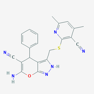 molecular formula C22H18N6OS B343402 6-Amino-3-{[(3-cyano-4,6-dimethyl-2-pyridinyl)sulfanyl]methyl}-4-phenyl-1,4-dihydropyrano[2,3-c]pyrazole-5-carbonitrile 