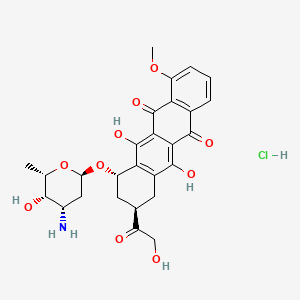 molecular formula C27H30ClNO10 B3434043 5,12-Naphthacenedione, 10-((3-amino-2,3,6-trideoxy-alpha-L-lyxo-hexopyranosyl)oxy)-7,8,9,10-tetrahydro-6,11-dihydroxy-8-(hydroxyacetyl)-1-methoxy-, hydrochloride, (8R-trans)- CAS No. 73027-02-8