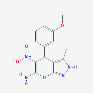 molecular formula C14H14N4O4 B343405 4-(3-Methoxyphenyl)-3-methyl-5-nitro-2,4-dihydropyrano[2,3-c]pyrazol-6-amine 