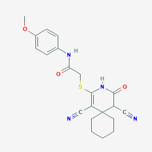 molecular formula C21H22N4O3S B343414 2-[(1,5-dicyano-4-oxo-3-azaspiro[5.5]undec-1-en-2-yl)sulfanyl]-N-(4-methoxyphenyl)acetamide 