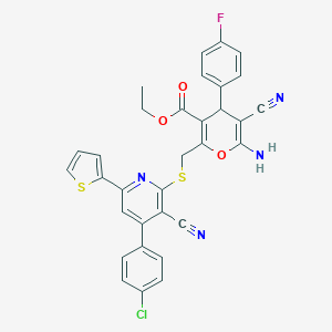 molecular formula C32H22ClFN4O3S2 B343446 ethyl 6-amino-2-({[4-(4-chlorophenyl)-3-cyano-6-(2-thienyl)-2-pyridinyl]sulfanyl}methyl)-5-cyano-4-(4-fluorophenyl)-4H-pyran-3-carboxylate 