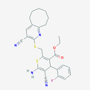 molecular formula C28H27FN4O2S2 B343459 ethyl 6-amino-5-cyano-2-{[(3-cyano-5,6,7,8,9,10-hexahydrocycloocta[b]pyridin-2-yl)sulfanyl]methyl}-4-(2-fluorophenyl)-4H-thiopyran-3-carboxylate 