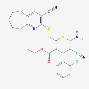 molecular formula C27H25ClN4O2S2 B343460 ethyl 6-amino-4-(2-chlorophenyl)-5-cyano-2-{[(3-cyano-6,7,8,9-tetrahydro-5H-cyclohepta[b]pyridin-2-yl)sulfanyl]methyl}-4H-thiopyran-3-carboxylate 