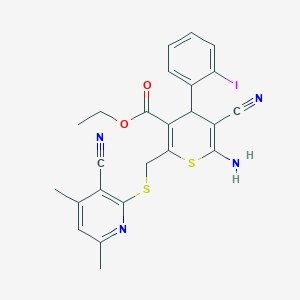 molecular formula C24H21IN4O2S2 B343462 ethyl 6-amino-5-cyano-2-{[(3-cyano-4,6-dimethyl-2-pyridinyl)sulfanyl]methyl}-4-(2-iodophenyl)-4H-thiopyran-3-carboxylate 