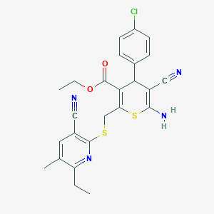 molecular formula C25H23ClN4O2S2 B343463 ethyl 6-amino-4-(4-chlorophenyl)-5-cyano-2-{[(3-cyano-6-ethyl-5-methyl-2-pyridinyl)sulfanyl]methyl}-4H-thiopyran-3-carboxylate 