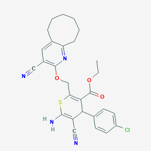 molecular formula C28H27ClN4O3S B343464 ethyl 6-amino-4-(4-chlorophenyl)-5-cyano-2-{[(3-cyano-5,6,7,8,9,10-hexahydrocycloocta[b]pyridin-2-yl)oxy]methyl}-4H-thiopyran-3-carboxylate 