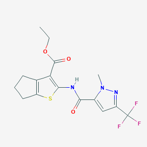 molecular formula C16H16F3N3O3S B3435429 ethyl 2-({[1-methyl-3-(trifluoromethyl)-1H-pyrazol-5-yl]carbonyl}amino)-5,6-dihydro-4H-cyclopenta[b]thiophene-3-carboxylate 