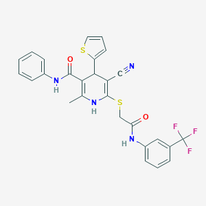 molecular formula C27H21F3N4O2S2 B343777 5-cyano-2-methyl-6-({2-oxo-2-[3-(trifluoromethyl)anilino]ethyl}sulfanyl)-N-phenyl-4-(2-thienyl)-1,4-dihydro-3-pyridinecarboxamide 