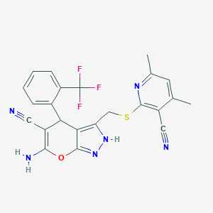 6-Amino-3-{[(3-cyano-4,6-dimethyl-2-pyridinyl)sulfanyl]methyl}-4-[2-(trifluoromethyl)phenyl]-1,4-dihydropyrano[2,3-c]pyrazole-5-carbonitrile