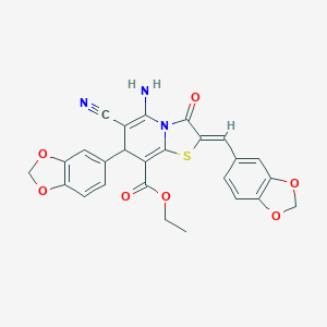 molecular formula C26H19N3O7S B343873 ethyl 5-amino-7-(1,3-benzodioxol-5-yl)-2-(1,3-benzodioxol-5-ylmethylene)-6-cyano-3-oxo-2,3-dihydro-7H-[1,3]thiazolo[3,2-a]pyridine-8-carboxylate 