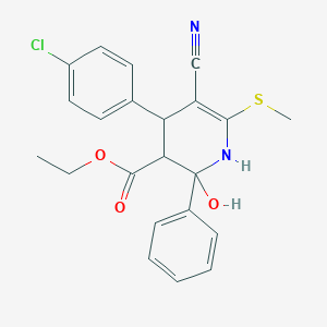 molecular formula C22H21ClN2O3S B343959 Ethyl 4-(4-chlorophenyl)-5-cyano-2-hydroxy-6-(methylsulfanyl)-2-phenyl-1,2,3,4-tetrahydro-3-pyridinecarboxylate 