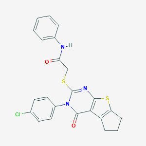 molecular formula C23H18ClN3O2S2 B344060 2-{[3-(4-chlorophenyl)-4-oxo-3,5,6,7-tetrahydro-4H-cyclopenta[4,5]thieno[2,3-d]pyrimidin-2-yl]sulfanyl}-N-phenylacetamide 