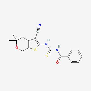 molecular formula C18H17N3O2S2 B3441334 N-{[(3-cyano-5,5-dimethyl-4,7-dihydro-5H-thieno[2,3-c]pyran-2-yl)amino]carbonothioyl}benzamide 