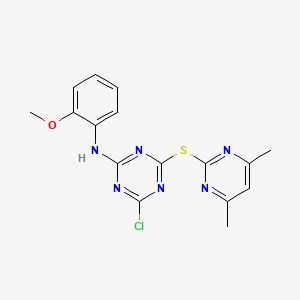 molecular formula C16H15ClN6OS B3441745 4-chloro-6-[(4,6-dimethyl-2-pyrimidinyl)thio]-N-(2-methoxyphenyl)-1,3,5-triazin-2-amine 