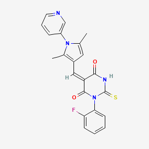 molecular formula C22H17FN4O2S B3445565 5-{[2,5-dimethyl-1-(3-pyridinyl)-1H-pyrrol-3-yl]methylene}-1-(2-fluorophenyl)-2-thioxodihydro-4,6(1H,5H)-pyrimidinedione 