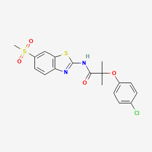 molecular formula C18H17ClN2O4S2 B3447126 2-(4-chlorophenoxy)-2-methyl-N-[6-(methylsulfonyl)-1,3-benzothiazol-2-yl]propanamide 