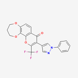 molecular formula C22H15F3N2O4 B3447188 9-(1-phenyl-1H-pyrazol-4-yl)-10-(trifluoromethyl)-3,4-dihydro-2H,8H-[1,4]dioxepino[2,3-h]chromen-8-one 