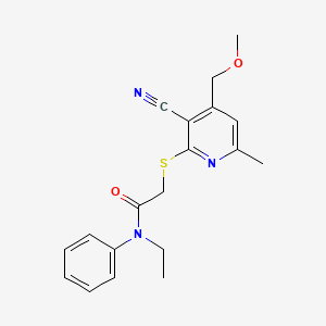 molecular formula C19H21N3O2S B3448706 2-{[3-cyano-4-(methoxymethyl)-6-methyl-2-pyridinyl]thio}-N-ethyl-N-phenylacetamide 