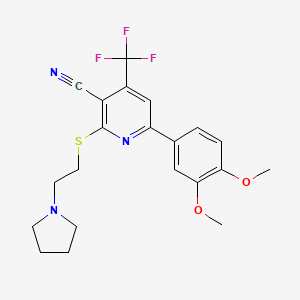 molecular formula C21H22F3N3O2S B3448908 6-(3,4-dimethoxyphenyl)-2-{[2-(1-pyrrolidinyl)ethyl]thio}-4-(trifluoromethyl)nicotinonitrile 