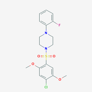 molecular formula C18H20ClFN2O4S B346295 1-[(4-Chloro-2,5-dimethoxyphenyl)sulfonyl]-4-(2-fluorophenyl)piperazine CAS No. 682346-75-4