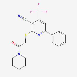 molecular formula C20H18F3N3OS B3463396 2-{[2-oxo-2-(1-piperidinyl)ethyl]thio}-6-phenyl-4-(trifluoromethyl)nicotinonitrile 