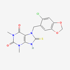 molecular formula C15H13ClN4O4S B3463995 7-[(6-chloro-1,3-benzodioxol-5-yl)methyl]-8-mercapto-1,3-dimethyl-3,7-dihydro-1H-purine-2,6-dione 