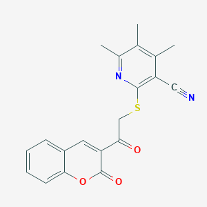 molecular formula C20H16N2O3S B3464516 4,5,6-trimethyl-2-{[2-oxo-2-(2-oxo-2H-chromen-3-yl)ethyl]thio}nicotinonitrile 