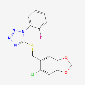 molecular formula C15H10ClFN4O2S B3465962 5-{[(6-chloro-1,3-benzodioxol-5-yl)methyl]thio}-1-(2-fluorophenyl)-1H-tetrazole 