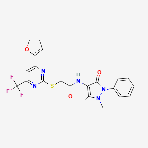 molecular formula C22H18F3N5O3S B3468497 N-(1,5-dimethyl-3-oxo-2-phenyl-2,3-dihydro-1H-pyrazol-4-yl)-2-{[4-(2-furyl)-6-(trifluoromethyl)-2-pyrimidinyl]thio}acetamide 