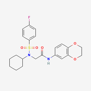 molecular formula C22H25FN2O5S B3469224 N~2~-cyclohexyl-N~1~-(2,3-dihydro-1,4-benzodioxin-6-yl)-N~2~-[(4-fluorophenyl)sulfonyl]glycinamide 