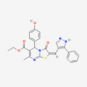 ETHYL 5-(4-HYDROXYPHENYL)-7-METHYL-3-OXO-2-[(E)-1-(3-PHENYL-1H-PYRAZOL-4-YL)METHYLIDENE]-2,3-DIHYDRO-5H-[1,3]THIAZOLO[3,2-A]PYRIMIDINE-6-CARBOXYLATE