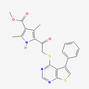 molecular formula C22H19N3O3S2 B3474677 methyl 2,4-dimethyl-5-{[(5-phenylthieno[2,3-d]pyrimidin-4-yl)sulfanyl]acetyl}-1H-pyrrole-3-carboxylate 