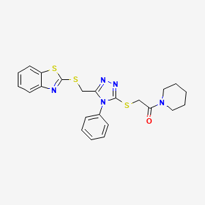 molecular formula C23H23N5OS3 B3474904 2-({5-[(1,3-BENZOTHIAZOL-2-YLSULFANYL)METHYL]-4-PHENYL-4H-1,2,4-TRIAZOL-3-YL}SULFANYL)-1-(PIPERIDIN-1-YL)ETHAN-1-ONE 