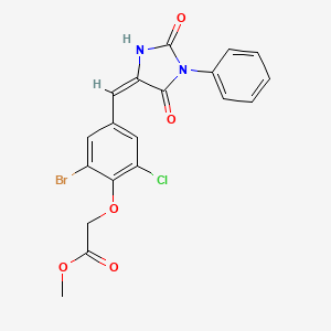 molecular formula C19H14BrClN2O5 B3480552 methyl {2-bromo-6-chloro-4-[(2,5-dioxo-1-phenyl-4-imidazolidinylidene)methyl]phenoxy}acetate 